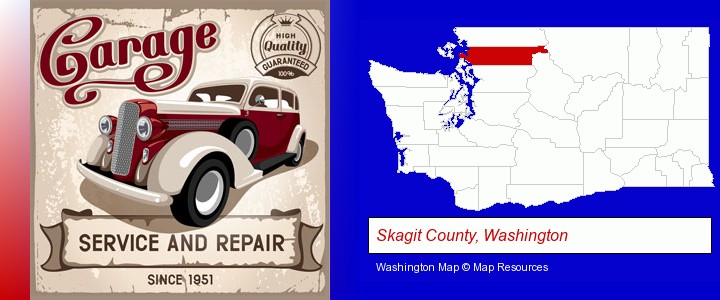 an auto service and repairs garage sign; Skagit County, Washington highlighted in red on a map