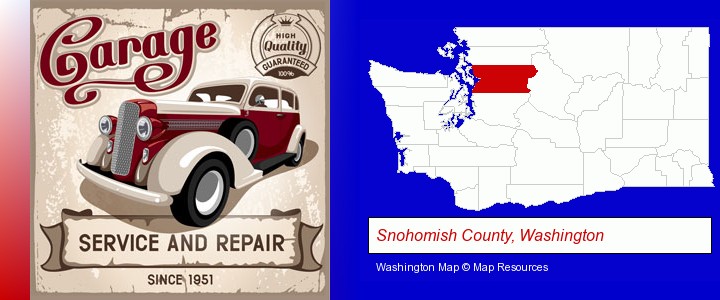 an auto service and repairs garage sign; Snohomish County, Washington highlighted in red on a map