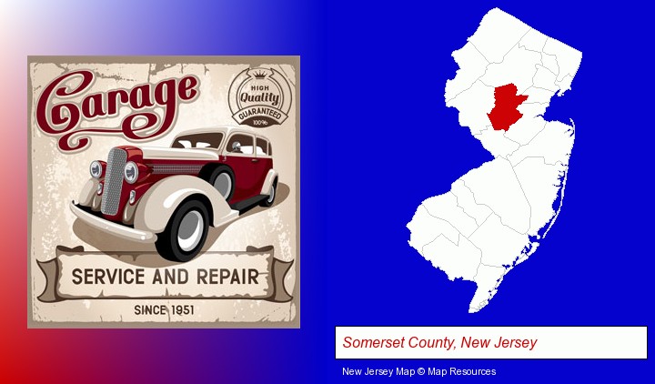 an auto service and repairs garage sign; Somerset County, New Jersey highlighted in red on a map
