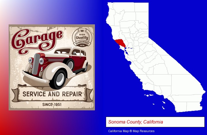 an auto service and repairs garage sign; Sonoma County, California highlighted in red on a map
