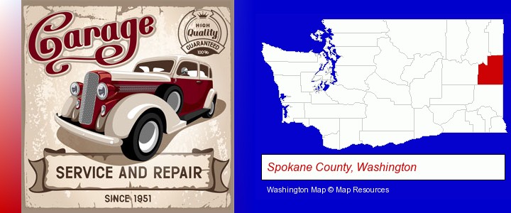 an auto service and repairs garage sign; Spokane County, Washington highlighted in red on a map
