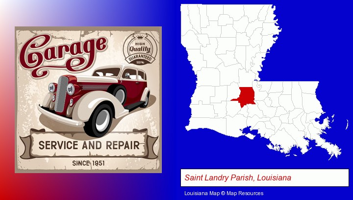 an auto service and repairs garage sign; Saint Landry Parish, Louisiana highlighted in red on a map