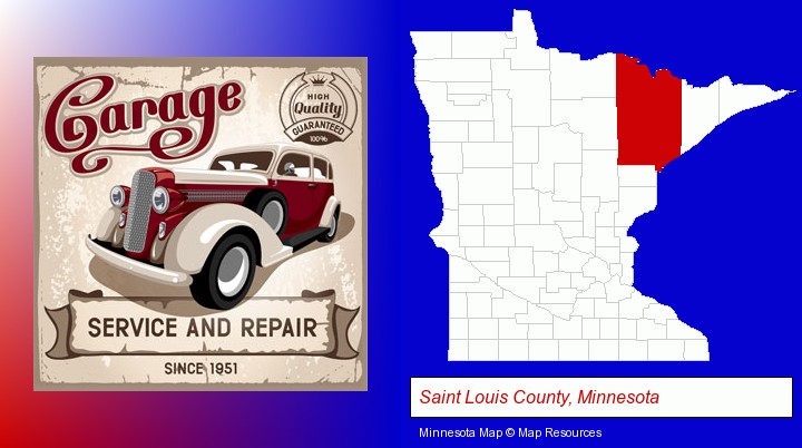 an auto service and repairs garage sign; Saint Louis County, Minnesota highlighted in red on a map