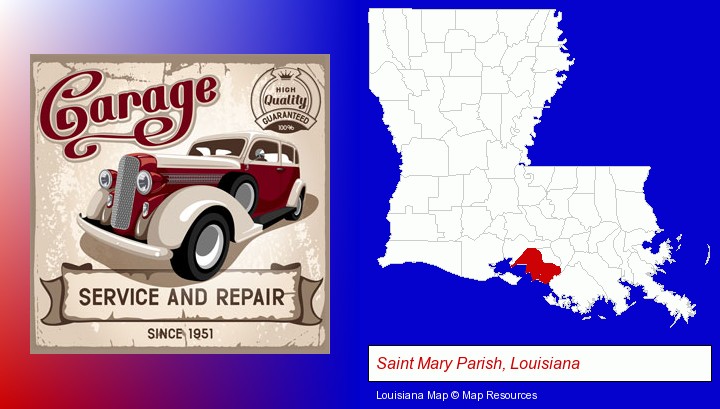 an auto service and repairs garage sign; Saint Mary Parish, Louisiana highlighted in red on a map
