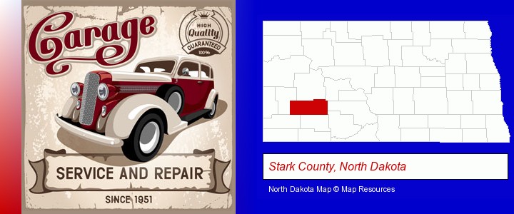 an auto service and repairs garage sign; Stark County, North Dakota highlighted in red on a map