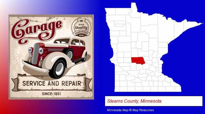 an auto service and repairs garage sign; Stearns County, Minnesota highlighted in red on a map