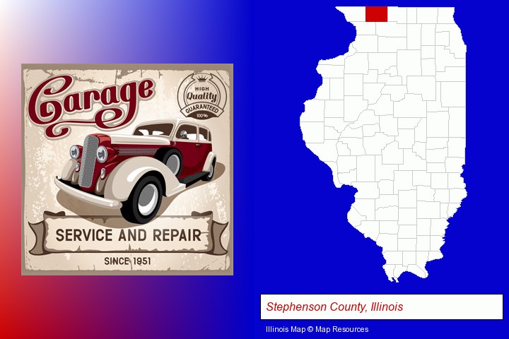 an auto service and repairs garage sign; Stephenson County, Illinois highlighted in red on a map
