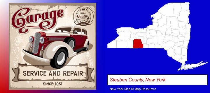 an auto service and repairs garage sign; Steuben County, New York highlighted in red on a map