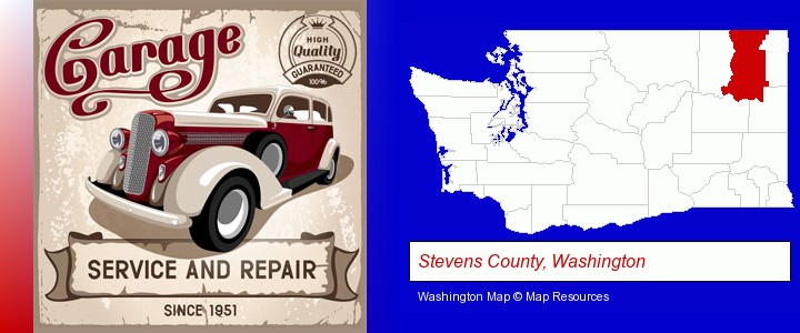 an auto service and repairs garage sign; Stevens County, Washington highlighted in red on a map