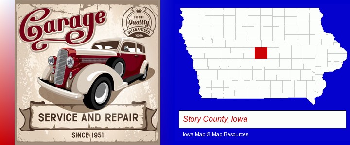 an auto service and repairs garage sign; Story County, Iowa highlighted in red on a map