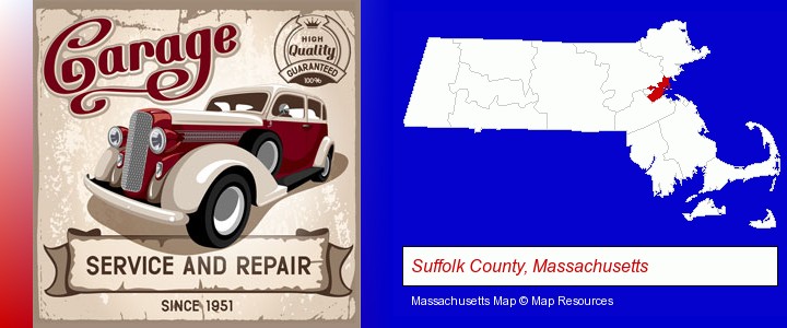 an auto service and repairs garage sign; Suffolk County, Massachusetts highlighted in red on a map