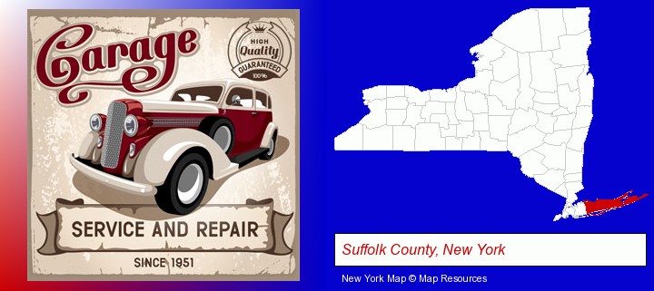 an auto service and repairs garage sign; Suffolk County, New York highlighted in red on a map