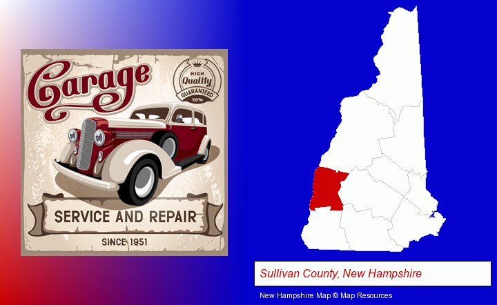 an auto service and repairs garage sign; Sullivan County, New Hampshire highlighted in red on a map
