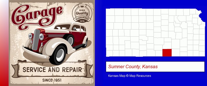 an auto service and repairs garage sign; Sumner County, Kansas highlighted in red on a map