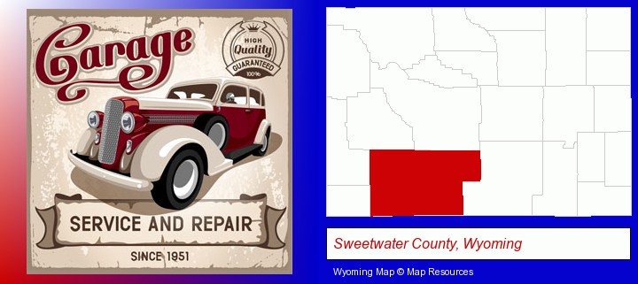 an auto service and repairs garage sign; Sweetwater County, Wyoming highlighted in red on a map