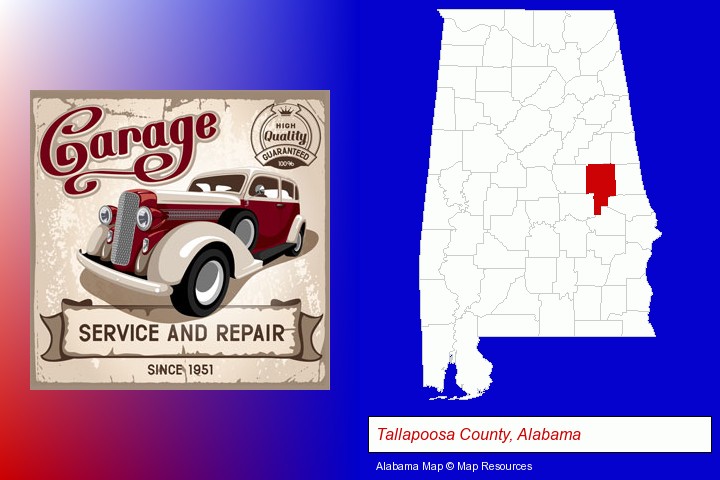 an auto service and repairs garage sign; Tallapoosa County, Alabama highlighted in red on a map