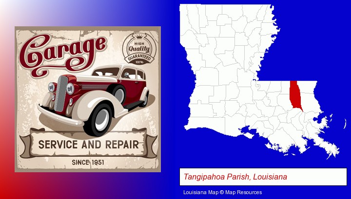an auto service and repairs garage sign; Tangipahoa Parish, Louisiana highlighted in red on a map