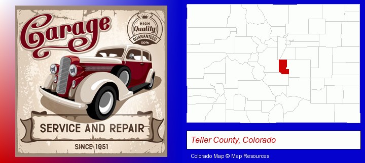 an auto service and repairs garage sign; Teller County, Colorado highlighted in red on a map