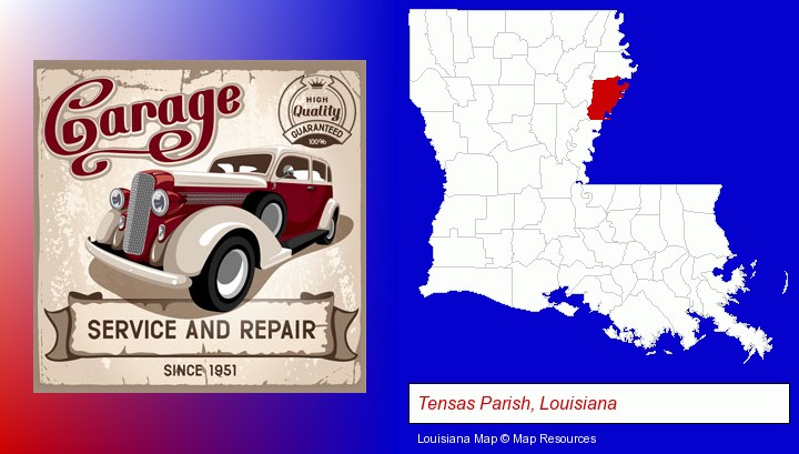 an auto service and repairs garage sign; Tensas Parish, Louisiana highlighted in red on a map