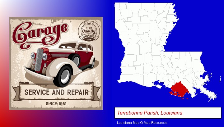an auto service and repairs garage sign; Terrebonne Parish, Louisiana highlighted in red on a map
