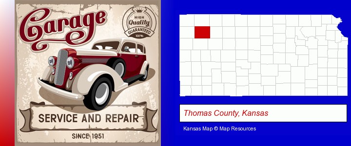 an auto service and repairs garage sign; Thomas County, Kansas highlighted in red on a map