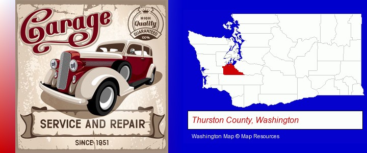 an auto service and repairs garage sign; Thurston County, Washington highlighted in red on a map