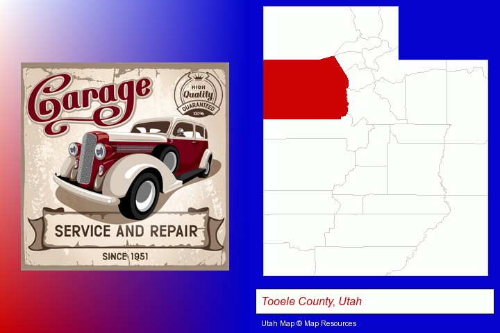 an auto service and repairs garage sign; Tooele County, Utah highlighted in red on a map