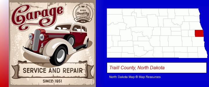 an auto service and repairs garage sign; Traill County, North Dakota highlighted in red on a map