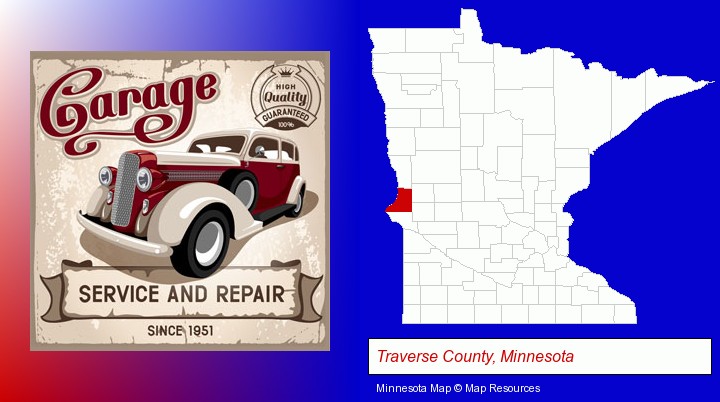 an auto service and repairs garage sign; Traverse County, Minnesota highlighted in red on a map
