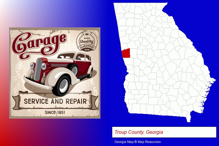 an auto service and repairs garage sign; Troup County, Georgia highlighted in red on a map