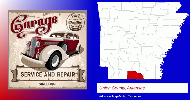 an auto service and repairs garage sign; Union County, Arkansas highlighted in red on a map