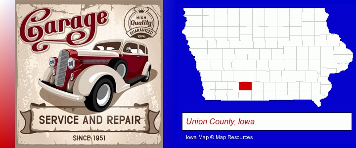 an auto service and repairs garage sign; Union County, Iowa highlighted in red on a map