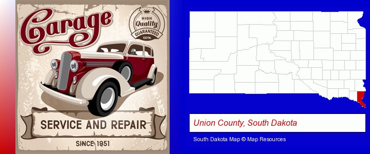 an auto service and repairs garage sign; Union County, South Dakota highlighted in red on a map