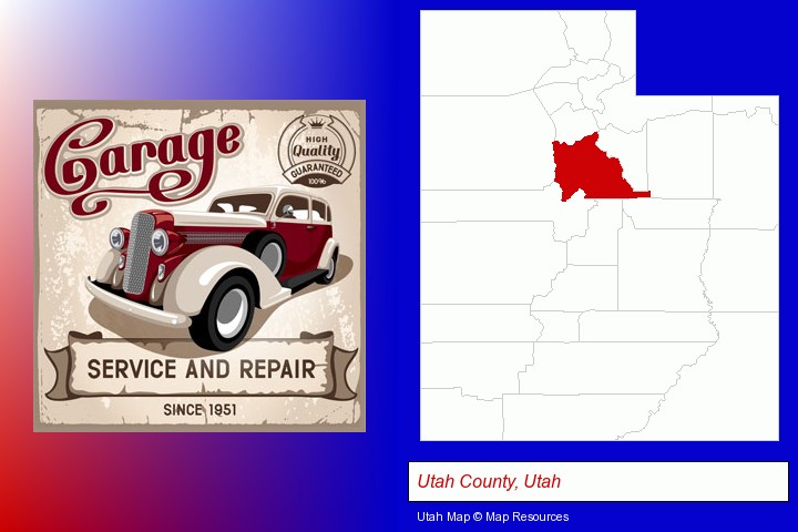 an auto service and repairs garage sign; Utah County, Utah highlighted in red on a map