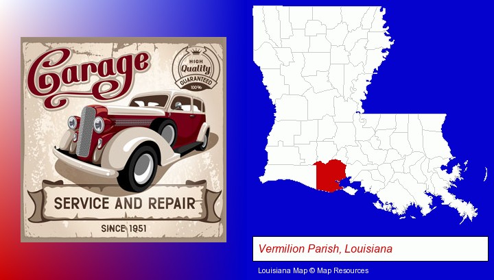 an auto service and repairs garage sign; Vermilion Parish, Louisiana highlighted in red on a map