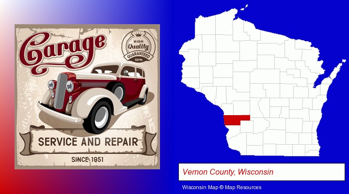 an auto service and repairs garage sign; Vernon County, Wisconsin highlighted in red on a map