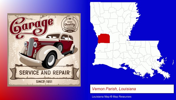 an auto service and repairs garage sign; Vernon Parish, Louisiana highlighted in red on a map