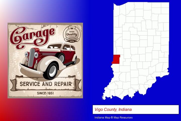 an auto service and repairs garage sign; Vigo County, Indiana highlighted in red on a map