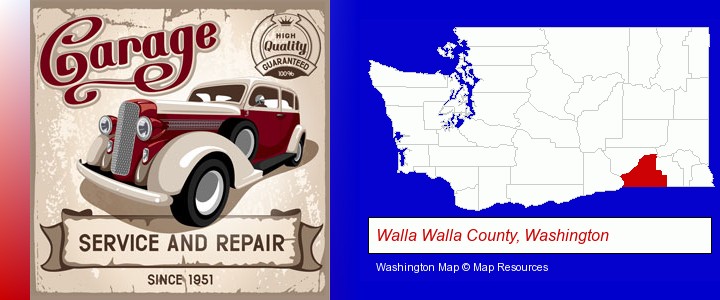 an auto service and repairs garage sign; Walla Walla County, Washington highlighted in red on a map