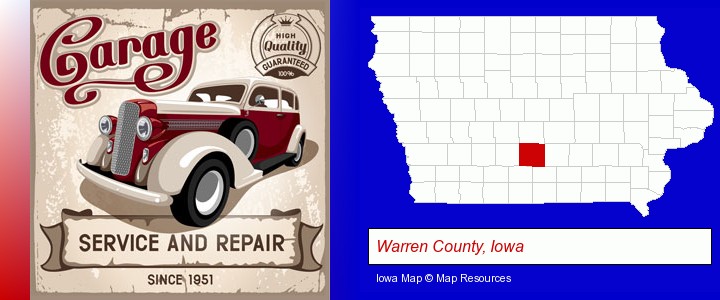 an auto service and repairs garage sign; Warren County, Iowa highlighted in red on a map