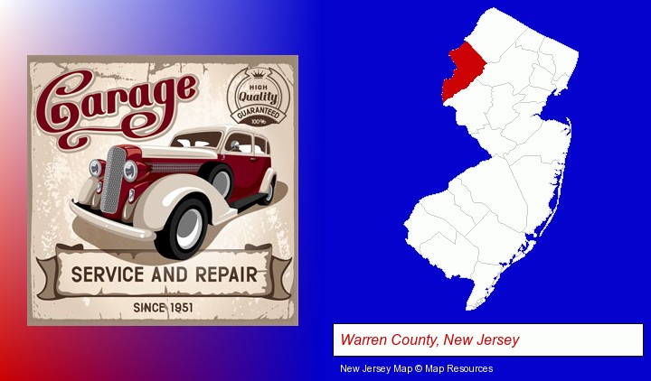 an auto service and repairs garage sign; Warren County, New Jersey highlighted in red on a map