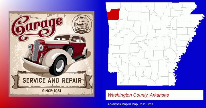 an auto service and repairs garage sign; Washington County, Arkansas highlighted in red on a map