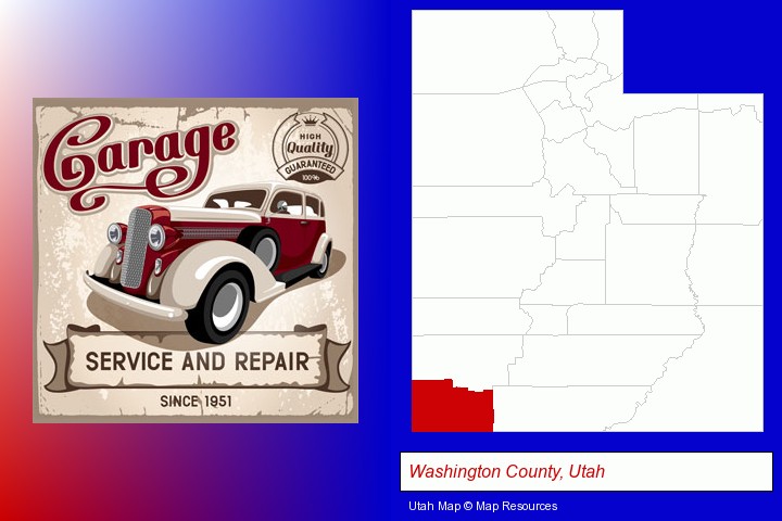 an auto service and repairs garage sign; Washington County, Utah highlighted in red on a map