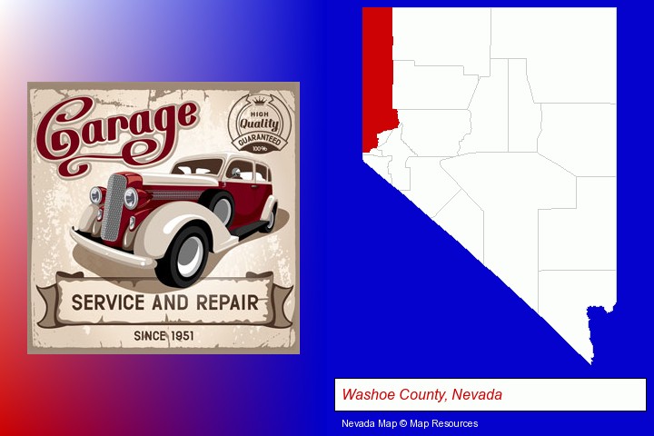 an auto service and repairs garage sign; Washoe County, Nevada highlighted in red on a map