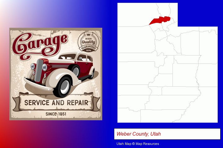 an auto service and repairs garage sign; Weber County, Utah highlighted in red on a map