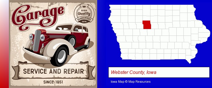 an auto service and repairs garage sign; Webster County, Iowa highlighted in red on a map