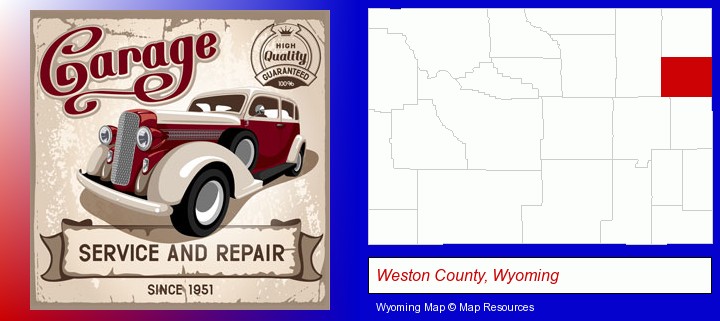 an auto service and repairs garage sign; Weston County, Wyoming highlighted in red on a map