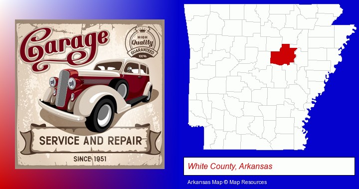 an auto service and repairs garage sign; White County, Arkansas highlighted in red on a map
