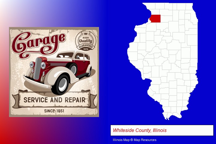 an auto service and repairs garage sign; Whiteside County, Illinois highlighted in red on a map