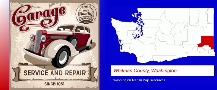 an auto service and repairs garage sign; Whitman County, Washington highlighted in red on a map